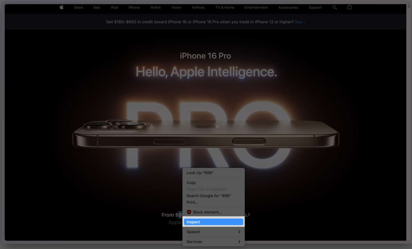 Accessing Inspect option in Chrome on a Mac.