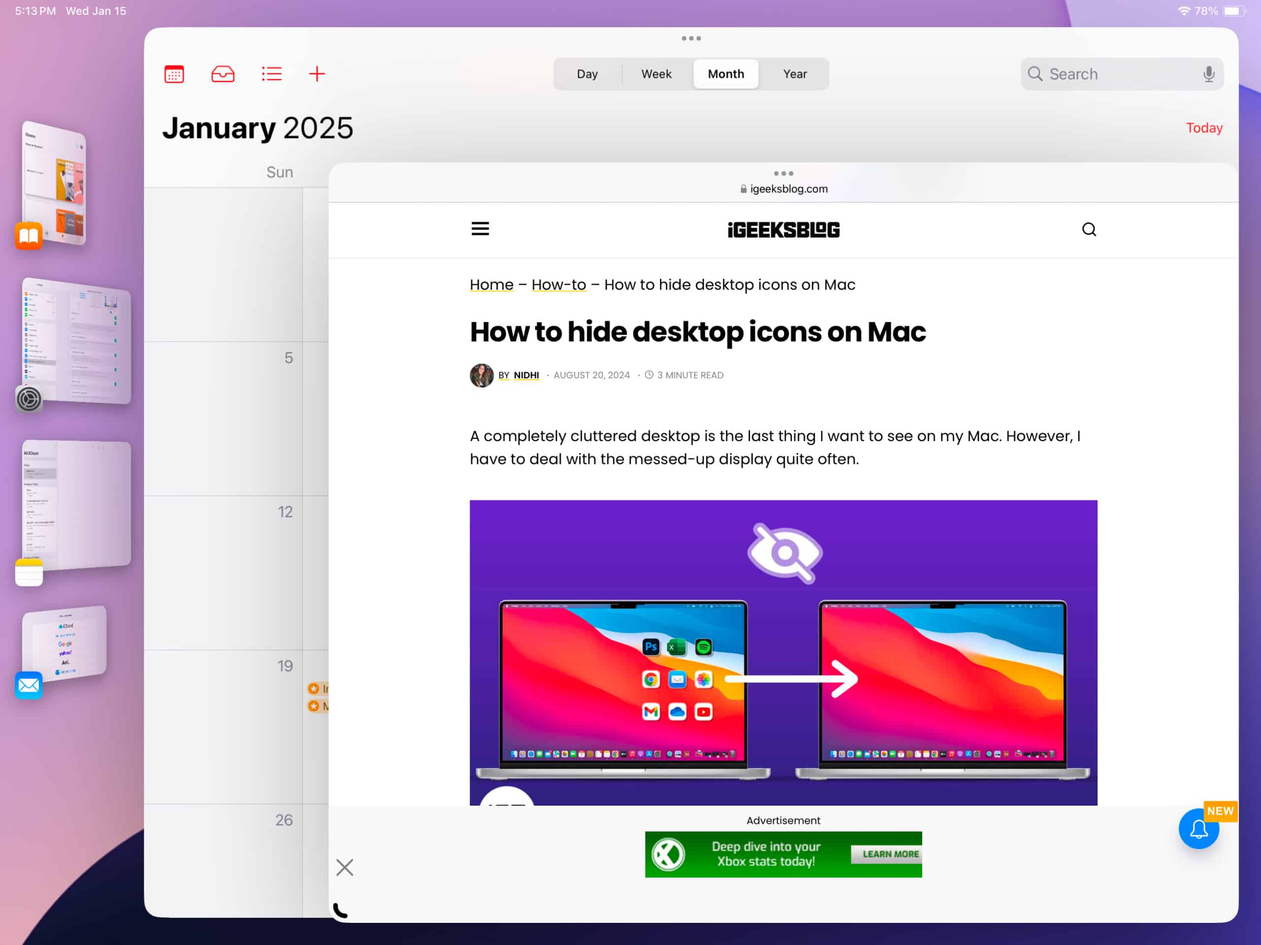 Safari and Calendar app grouped together using Stage manager on an iPad.