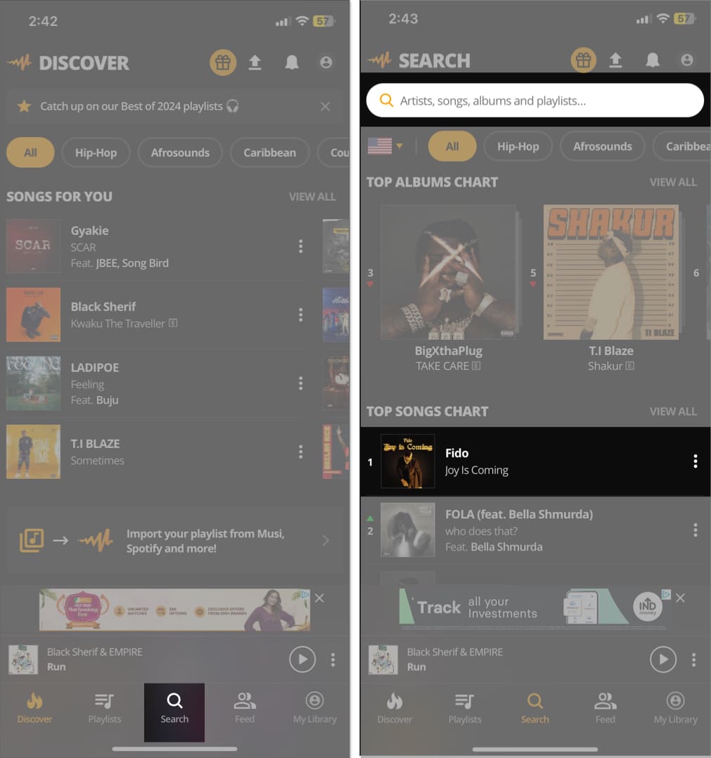 Searching for the song in Audiomack app on iPhone.