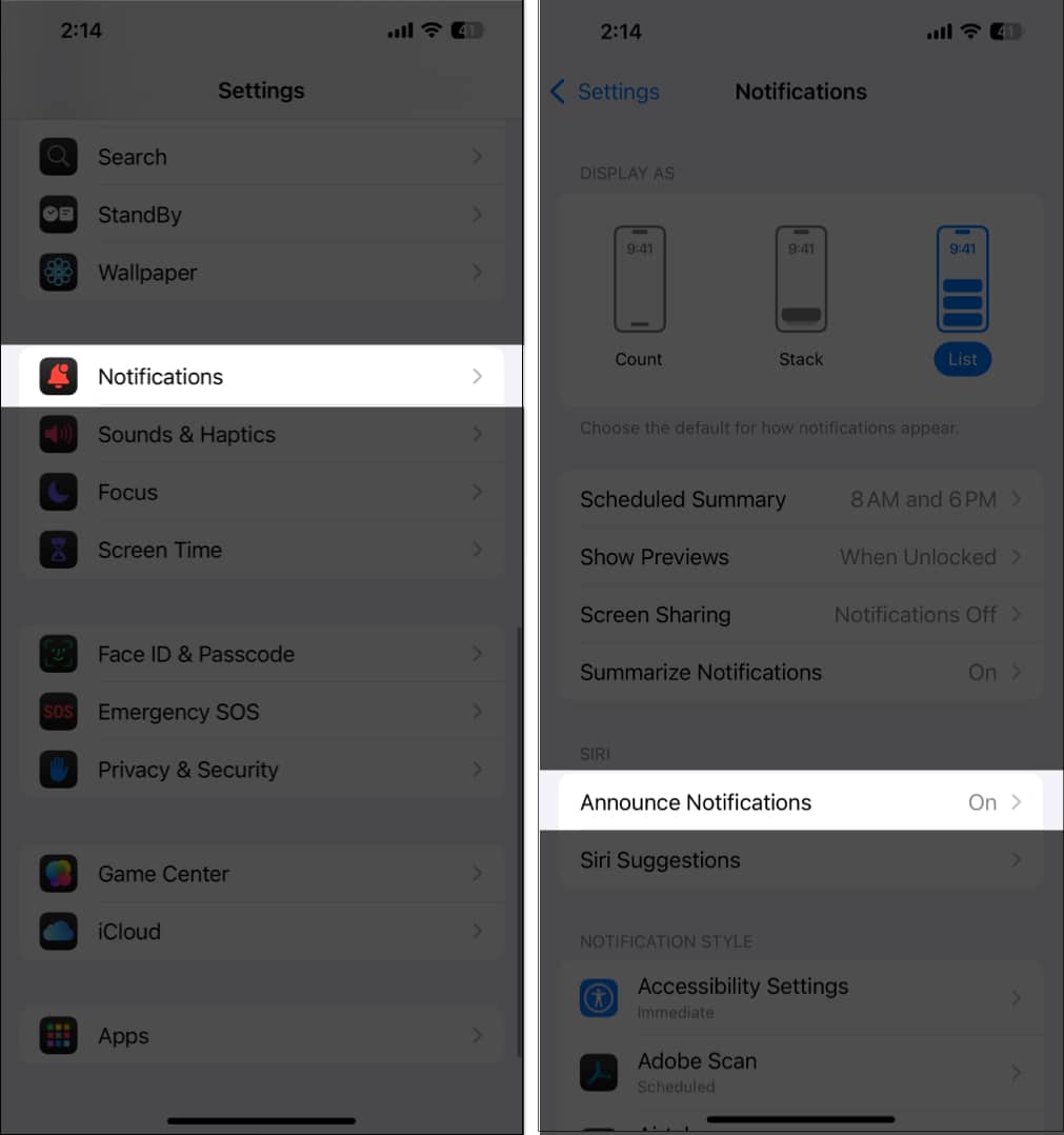 Select Announce Notification from the Notification settings on iPhone.