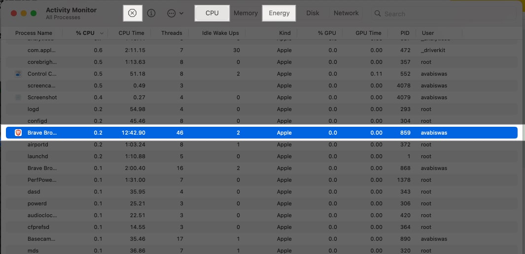 Select app from the Activity Monitor consuming battery and click on close icon.