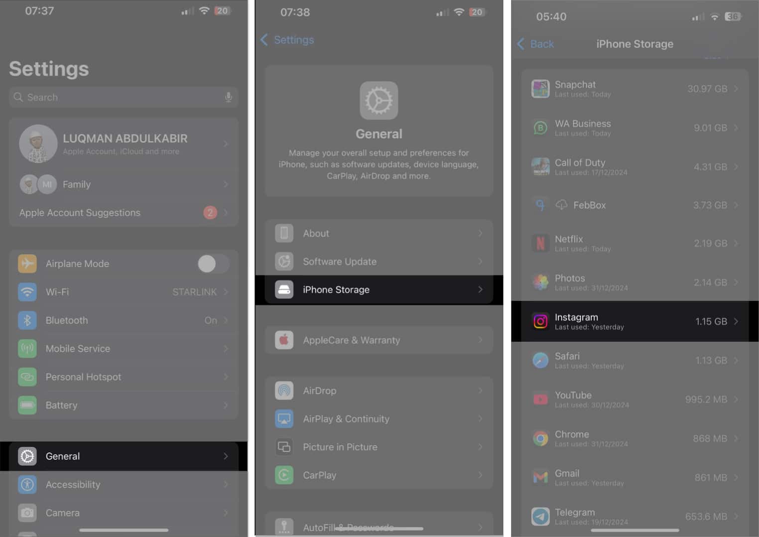 Selecting Instagram app under iPhone Storage in iOS Settings app.