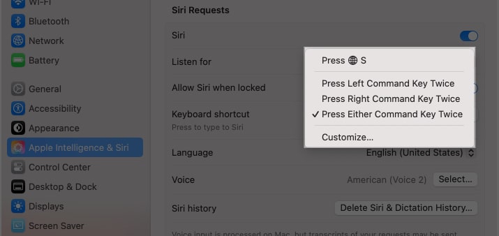 Select a Keyboard Shortcut to access Type to Siri on a Mac.