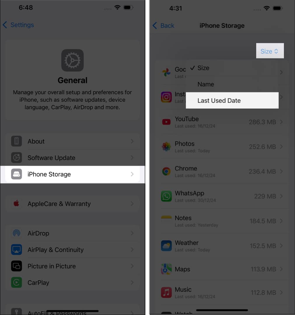Sorting apps under iPhone Storage by by the Last Used Date filter.
