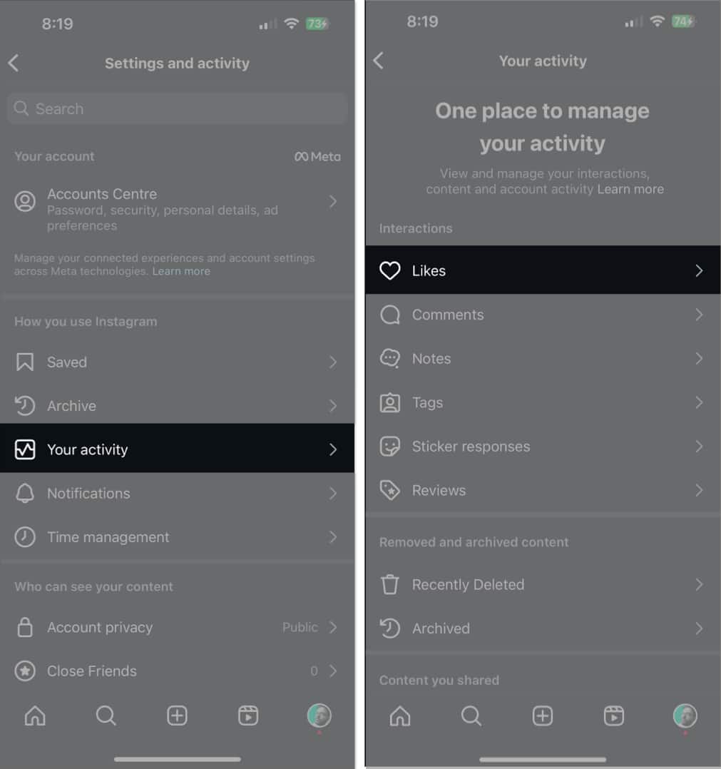 Select Likes on Your Activity page from Instagram settings.