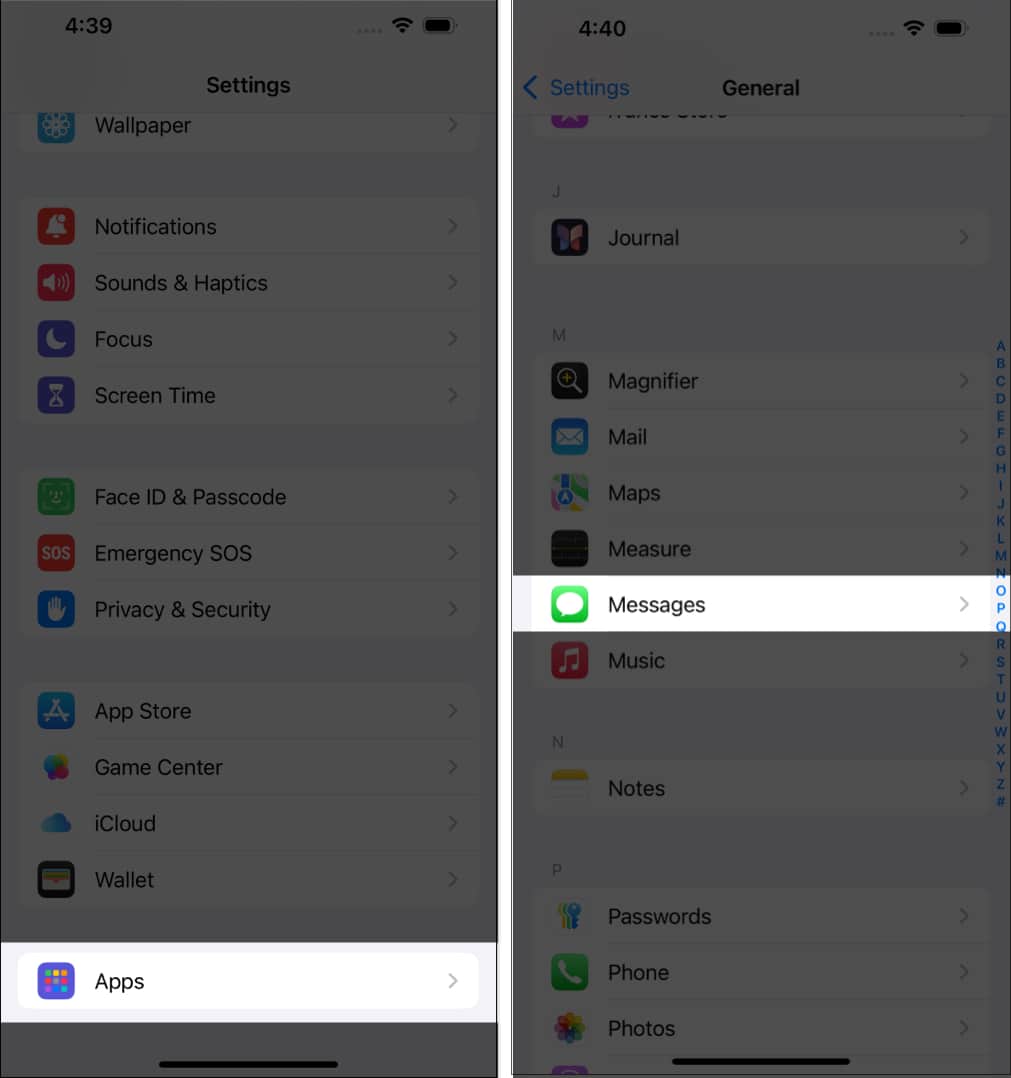 Accessing Messages under Apps in iPhone Settings app.