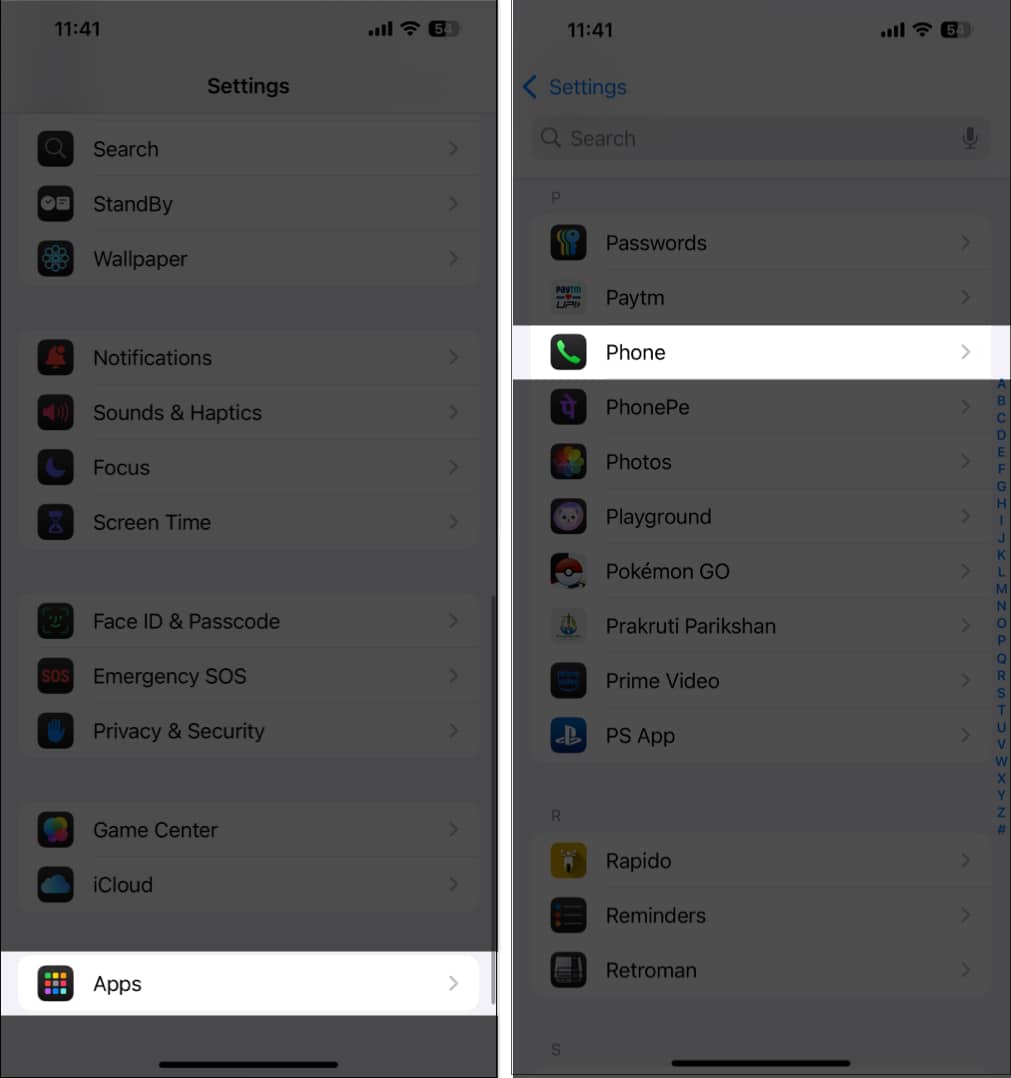 Selecting Phone from the Apps page in iOS Settings on an iPhone.