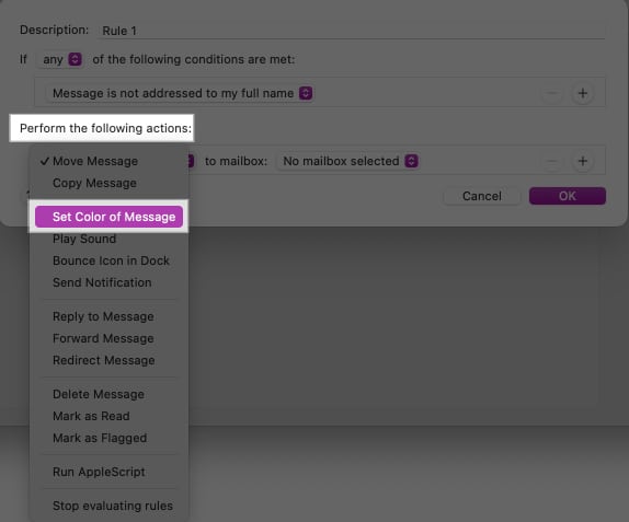 Select Set Color of Message in the Perform the following actions field.
