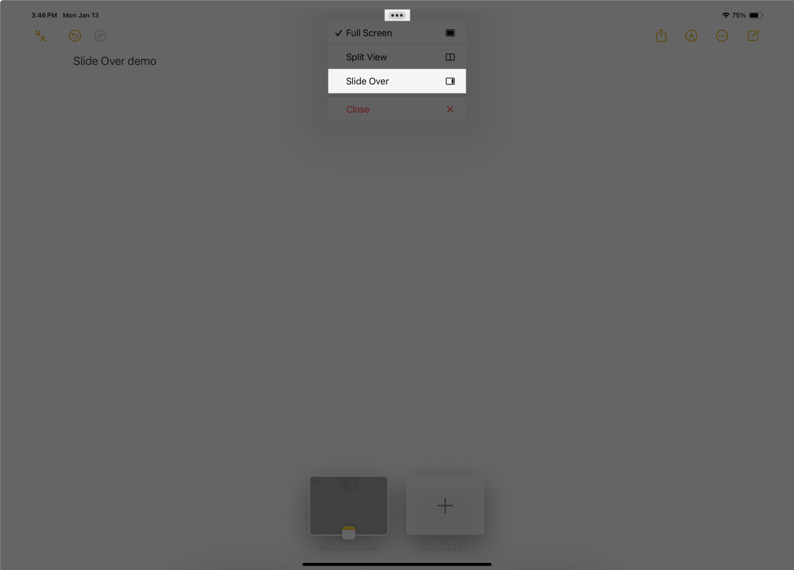 Selecting the Slide Over multitasking option from the three-dot menu on an iPad.