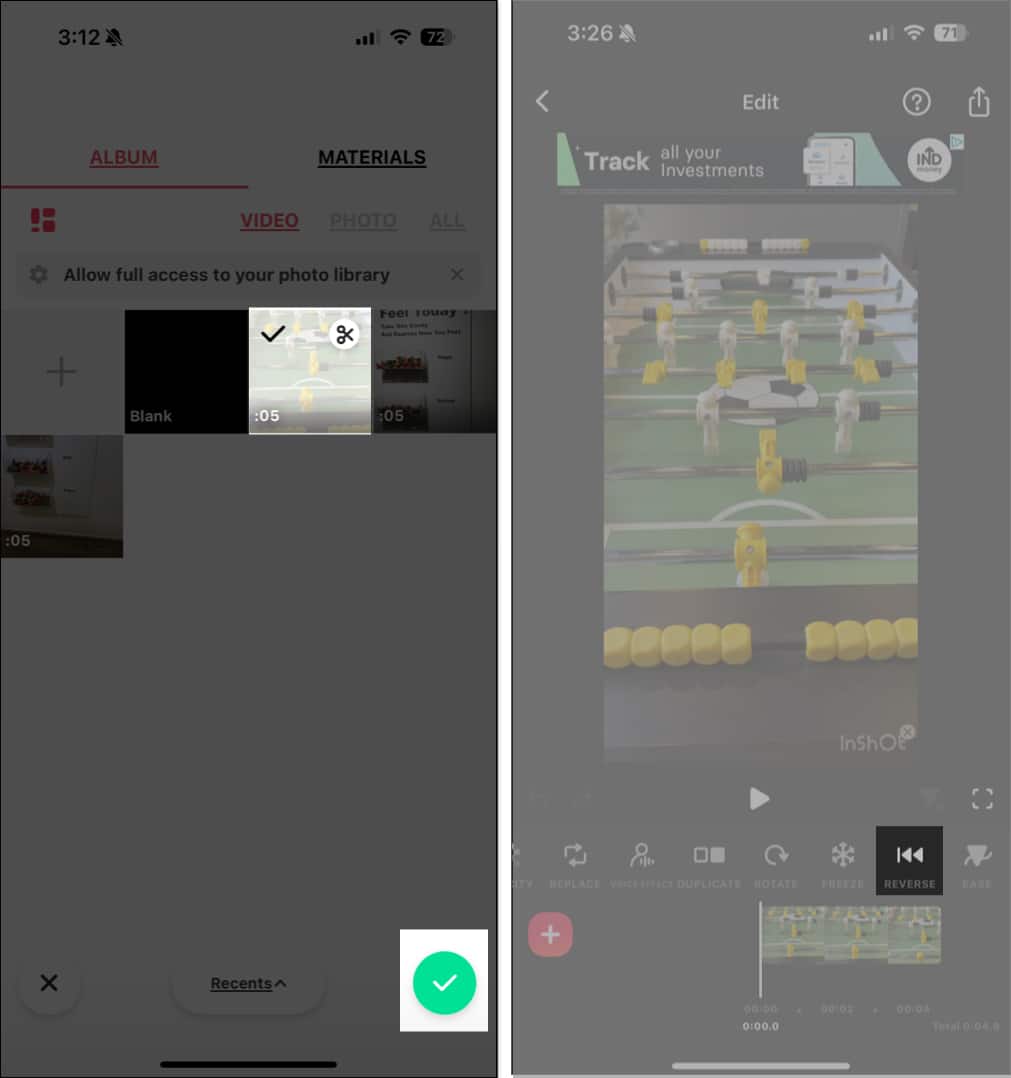 Selecting a video and using the Reverse button to reverse it in the Inshot app.