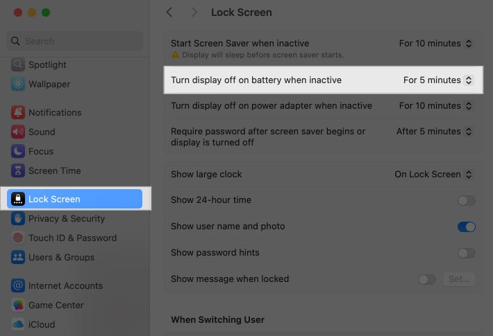 Set time for Turn display off on battery when inactive on Mac.