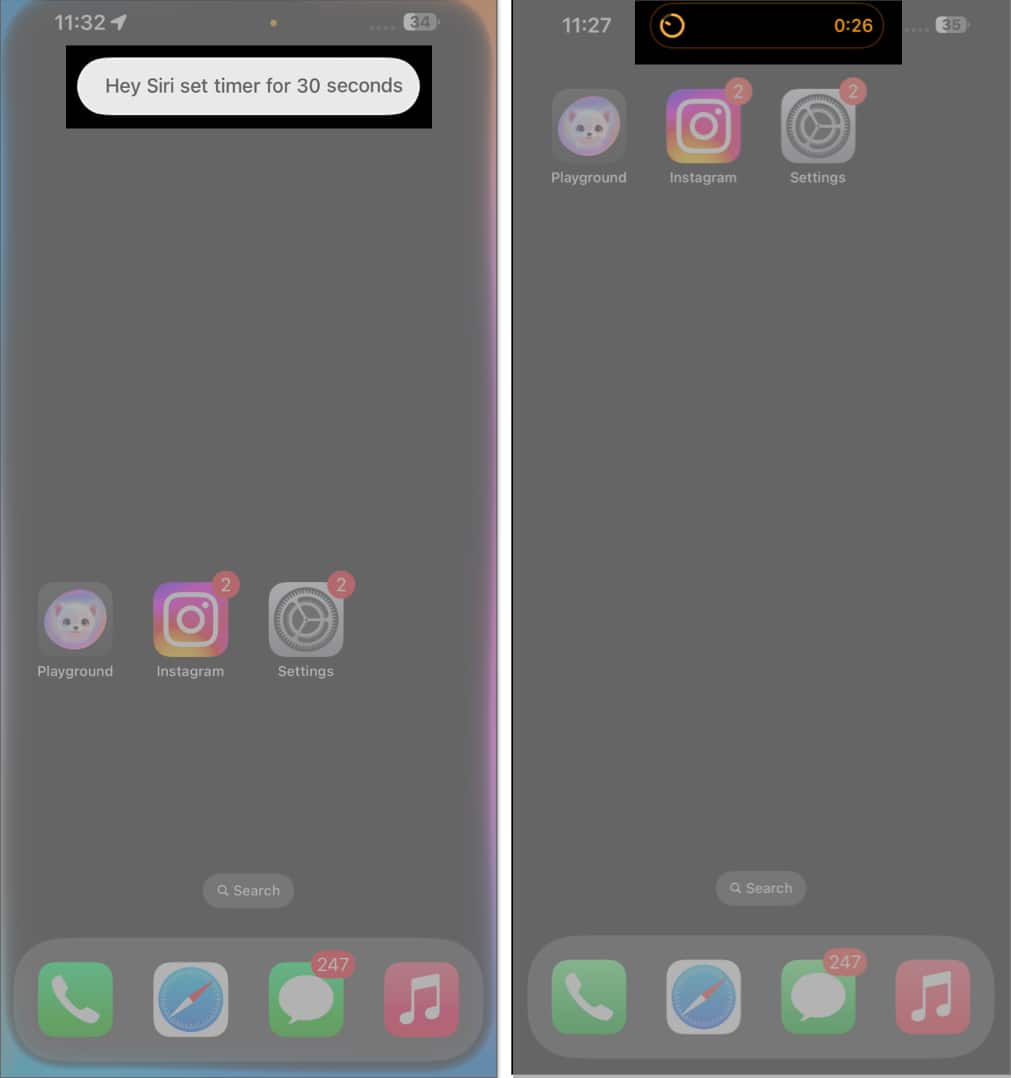 Setting a 30 seconds timer on an iPhone using offline Siri.