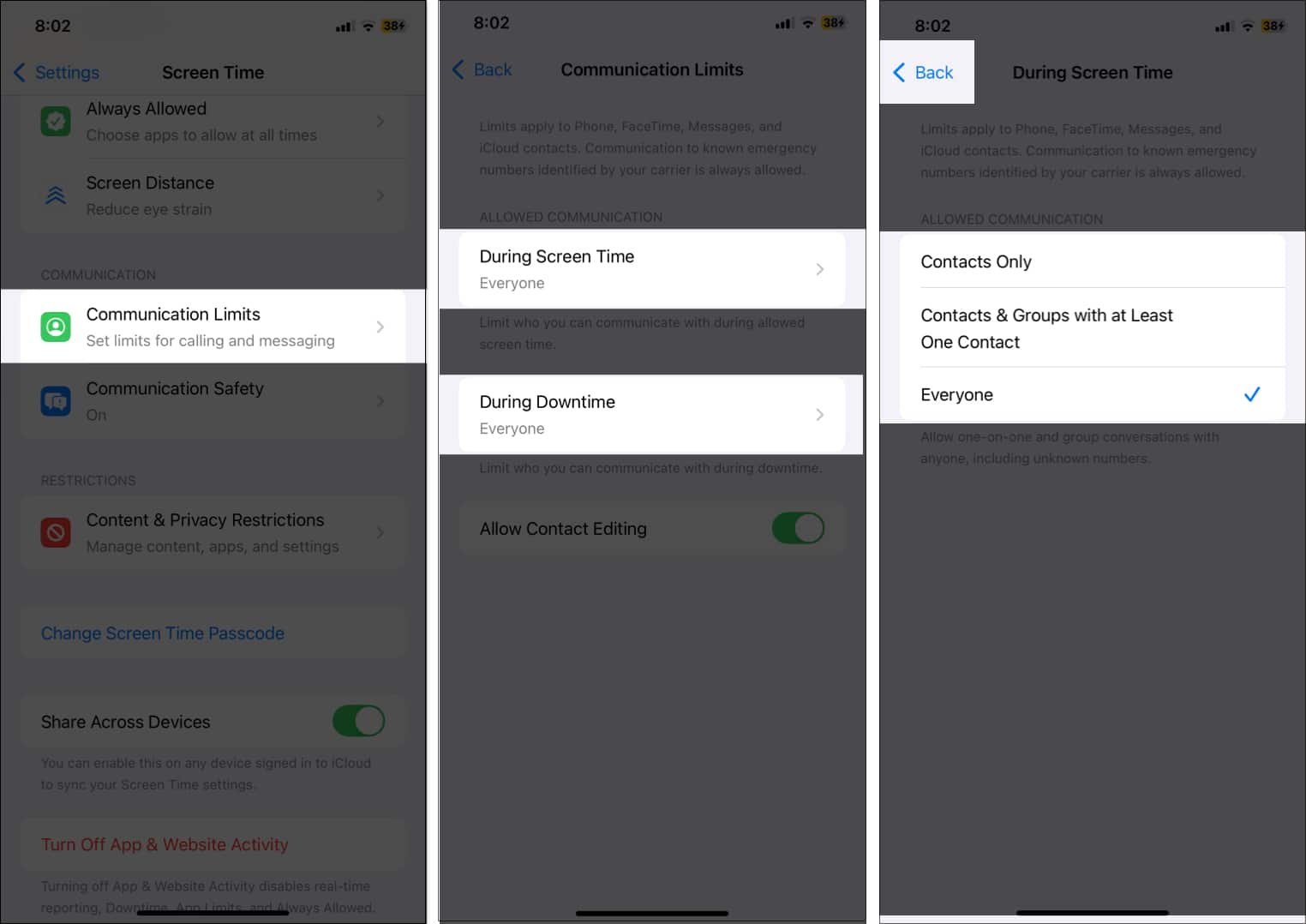 Setting Communication limits on an iPhone.