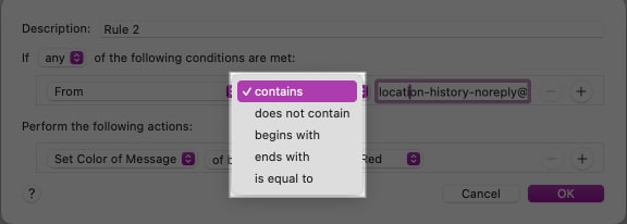 Setting conditions for mails on Mac.