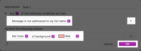 Setting conditions to highlight messages in Mail app.