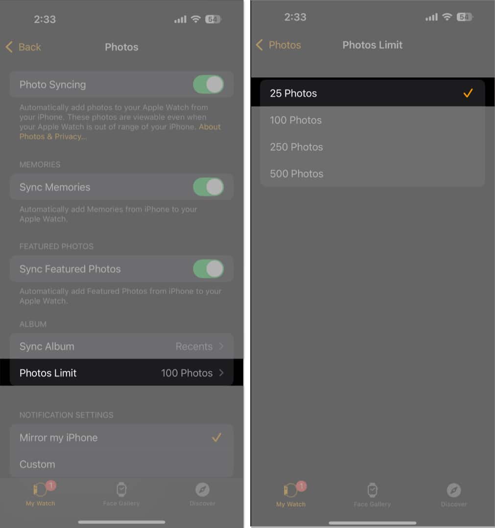 Setting Photo Limit to 25 photos in the Watch app.