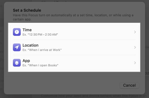 Setting schedule for Do Not Disturb mode in Mac by choosing Time Location and App.