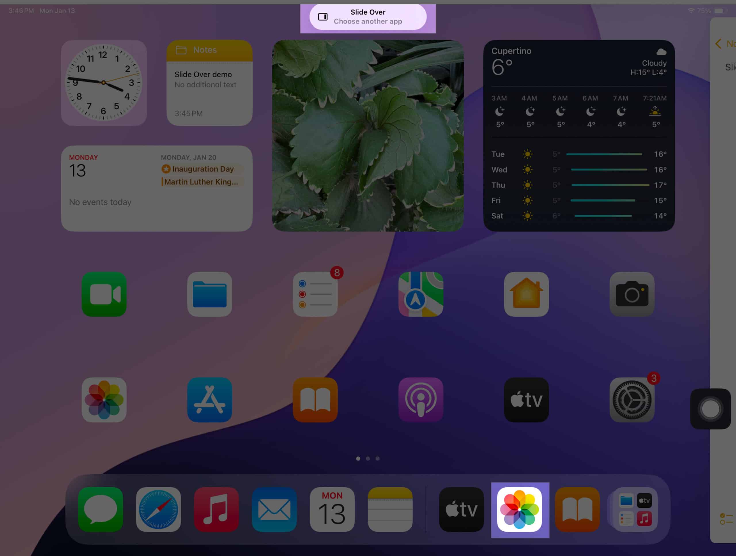 Slide Over mode prompting to open the second app.