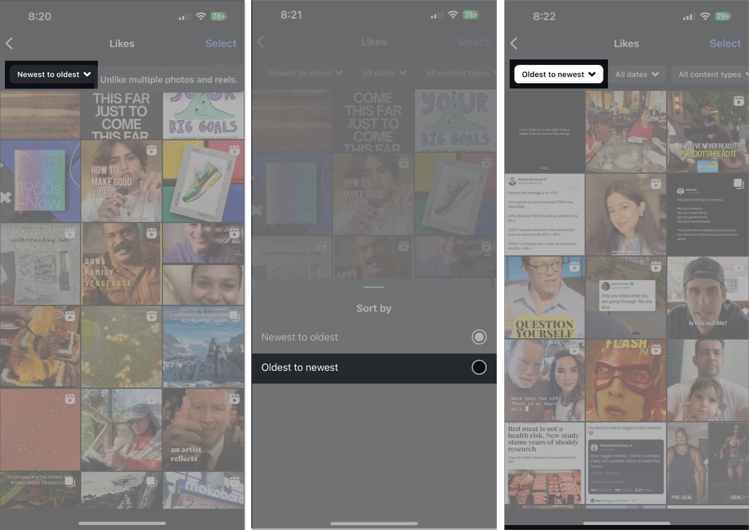 Sorting Instagram liked posts from oldest to newest on an iPhone.