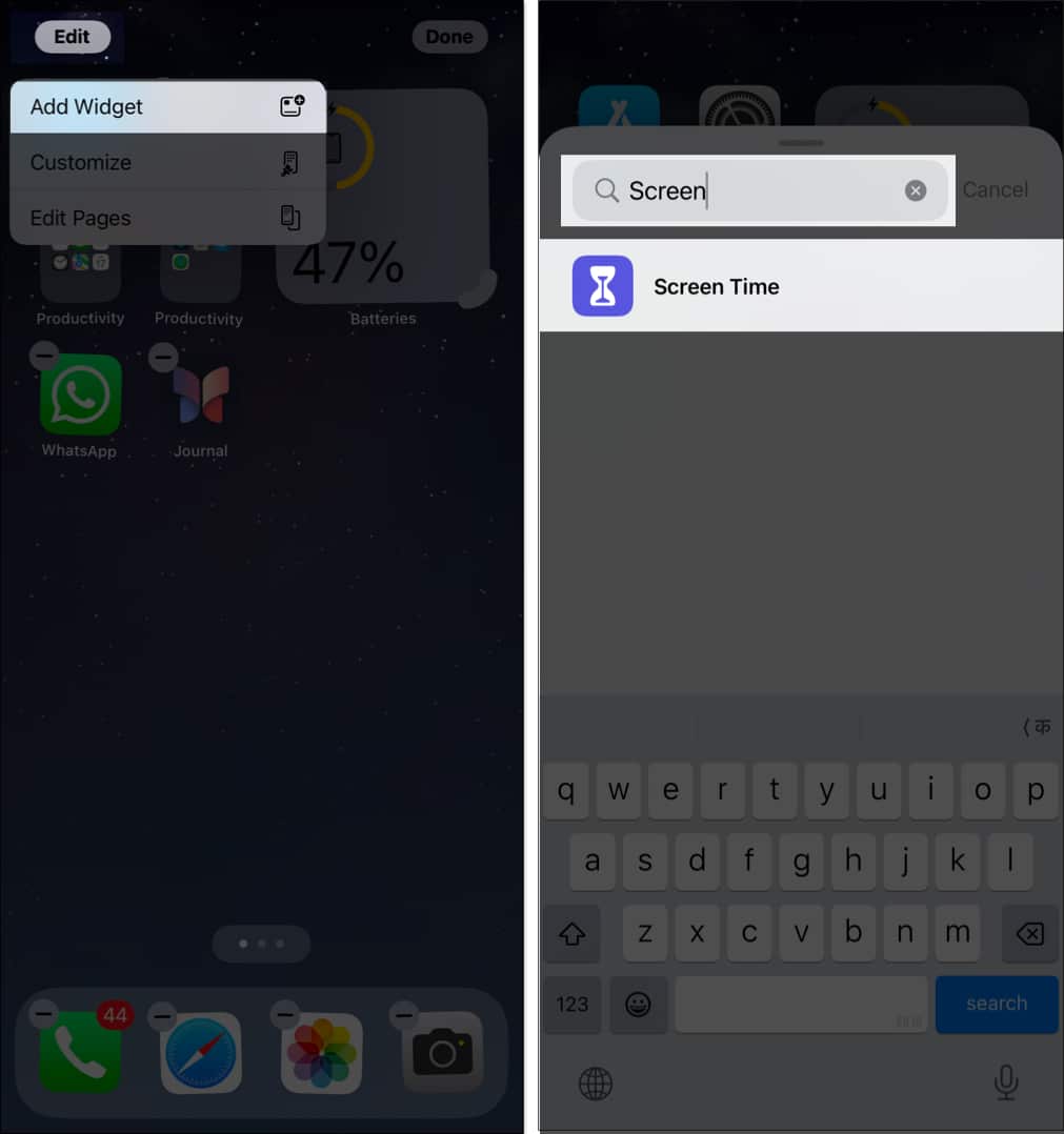Tap on Add Widget and search for Screen Time widget on iPhone.