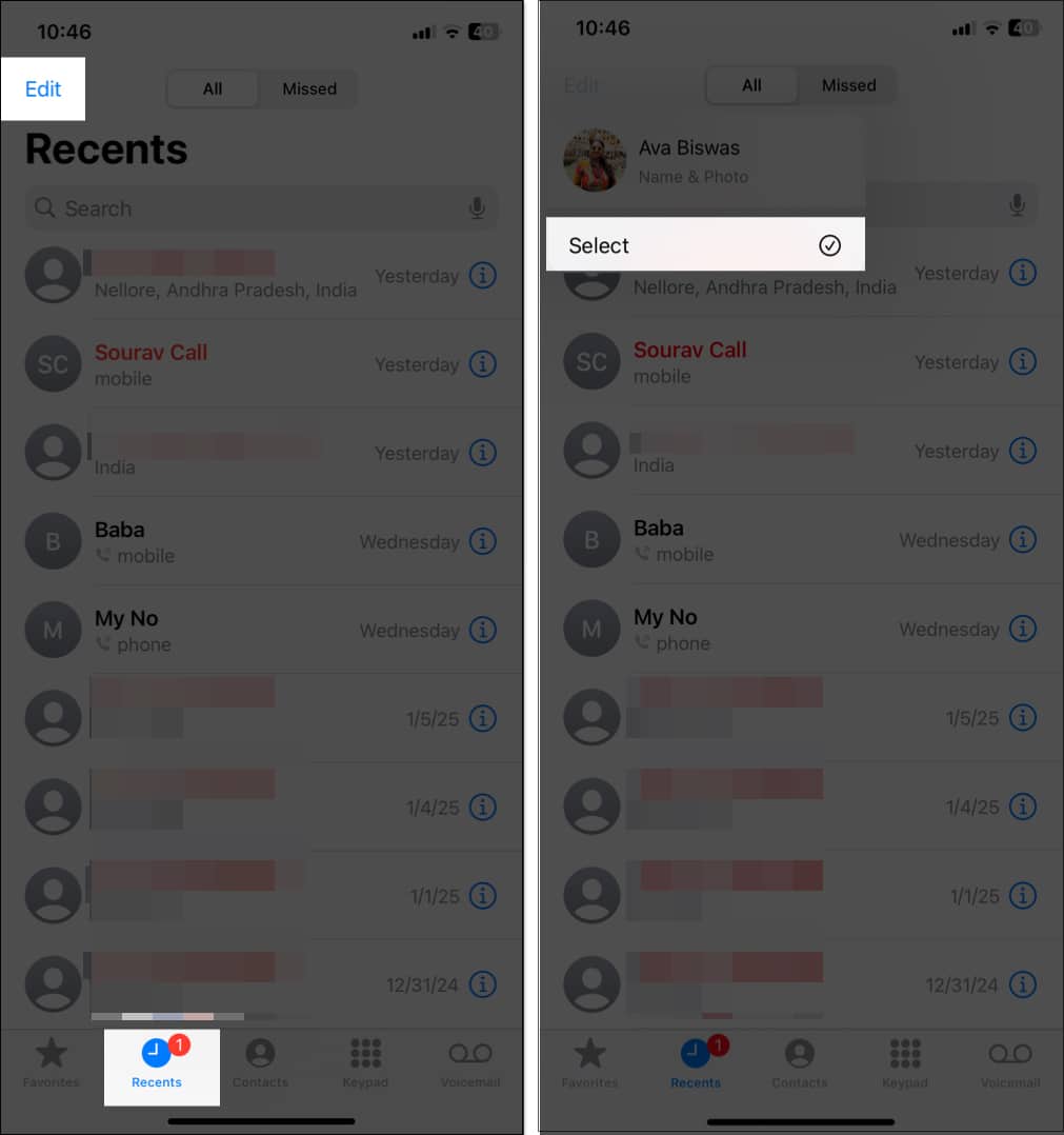 Selecting multiple calls in the Phone app for deletion.