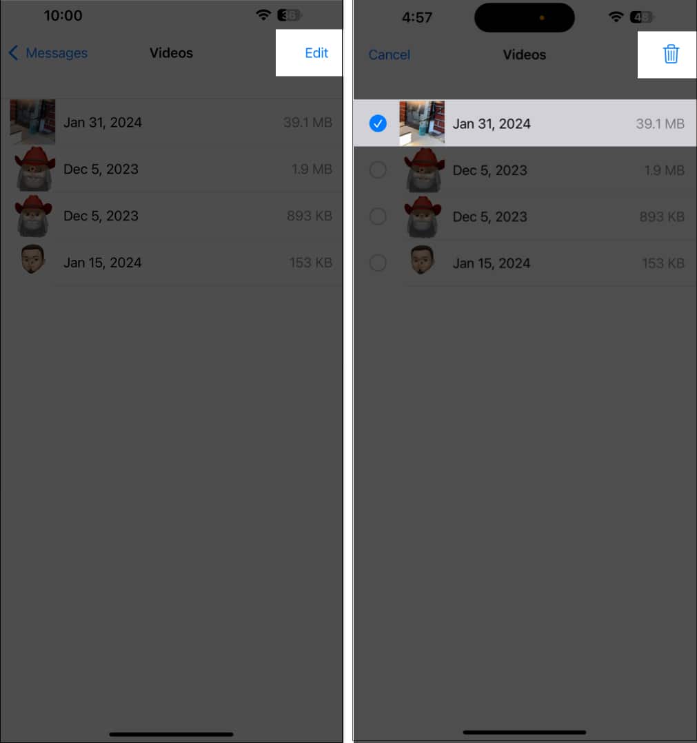 Delete large Messages documents from iPhone Storage.