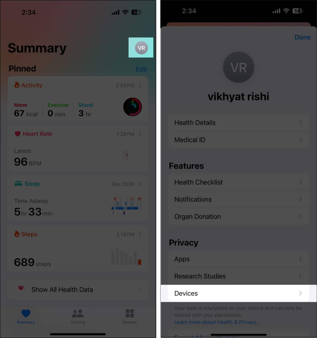 Accessing the Devices option in the Apple Health app on an iPhone.