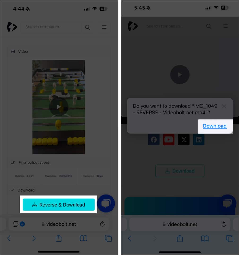 Reversing a video and downloading it using the Videobolt website.