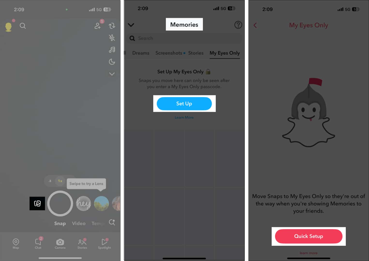 Tap on Set up button after accessing my eyes only section from the Memories page in Snapchat.
