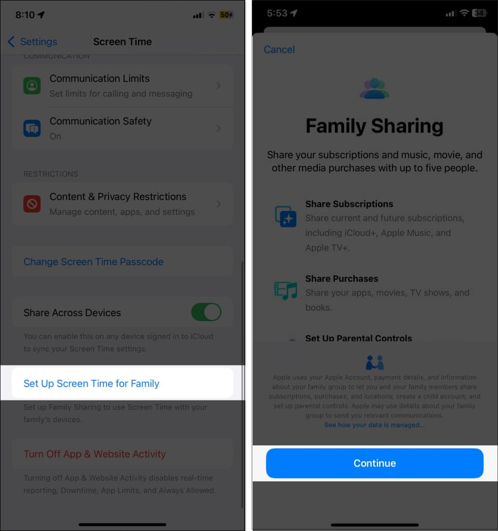 Tap on Set up Screen Time for Family in screen time settings.