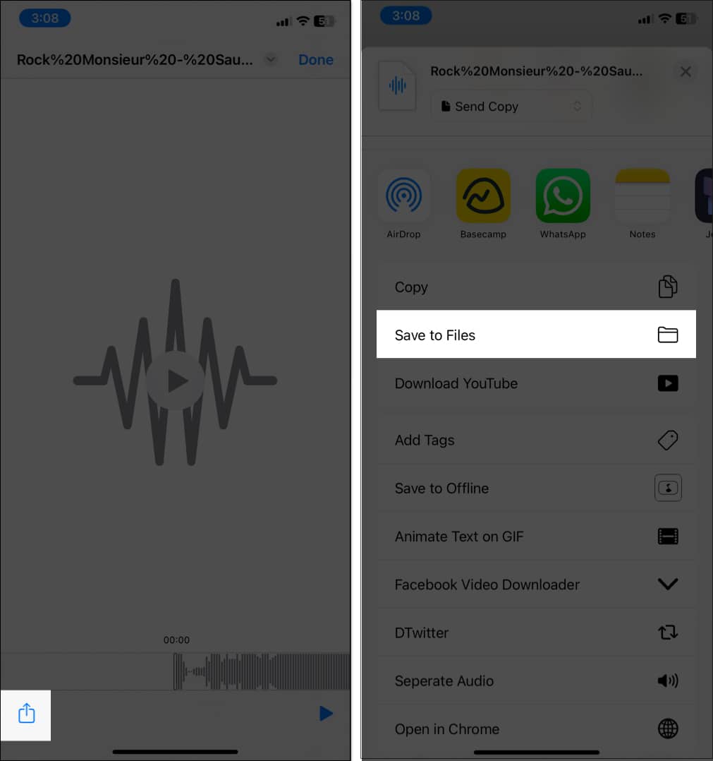 Tap on share icon and select Save to Files option.