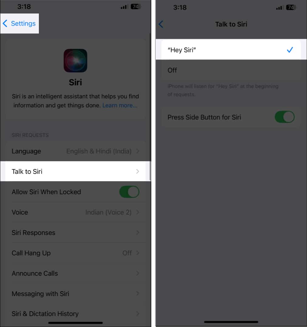 Selecting Hey Siri under Talk to Siri on the iPhone Settings app.