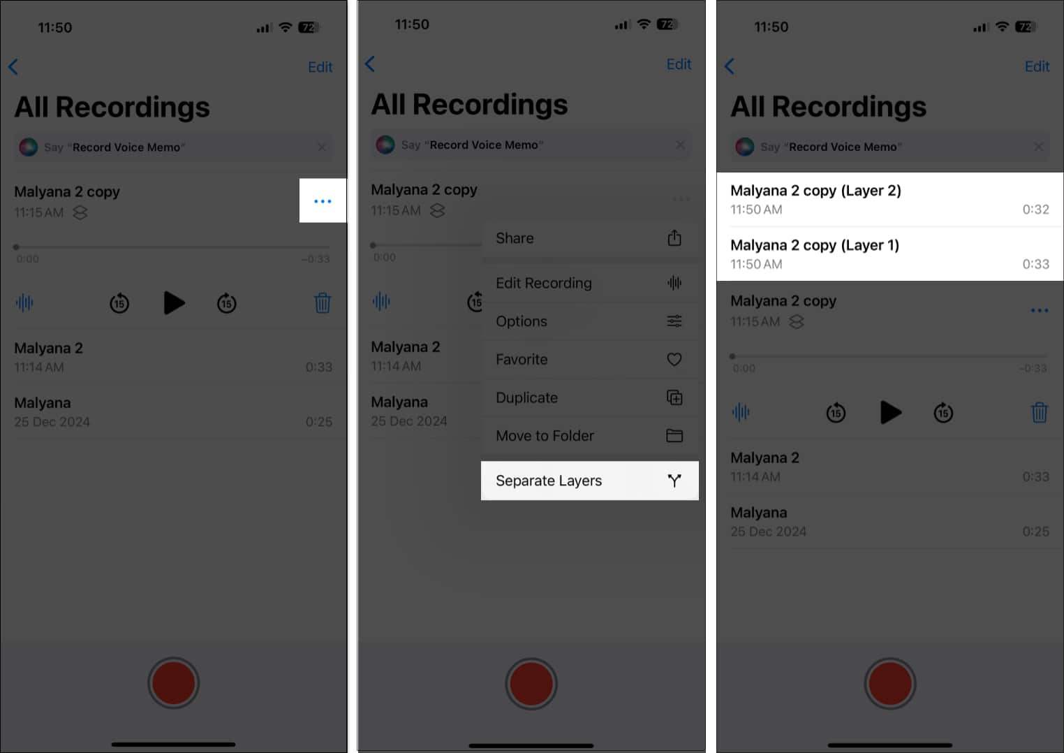 Tap on the three horizontal dots and select Seperate Layers from the drop down menu in Voice Memo app.