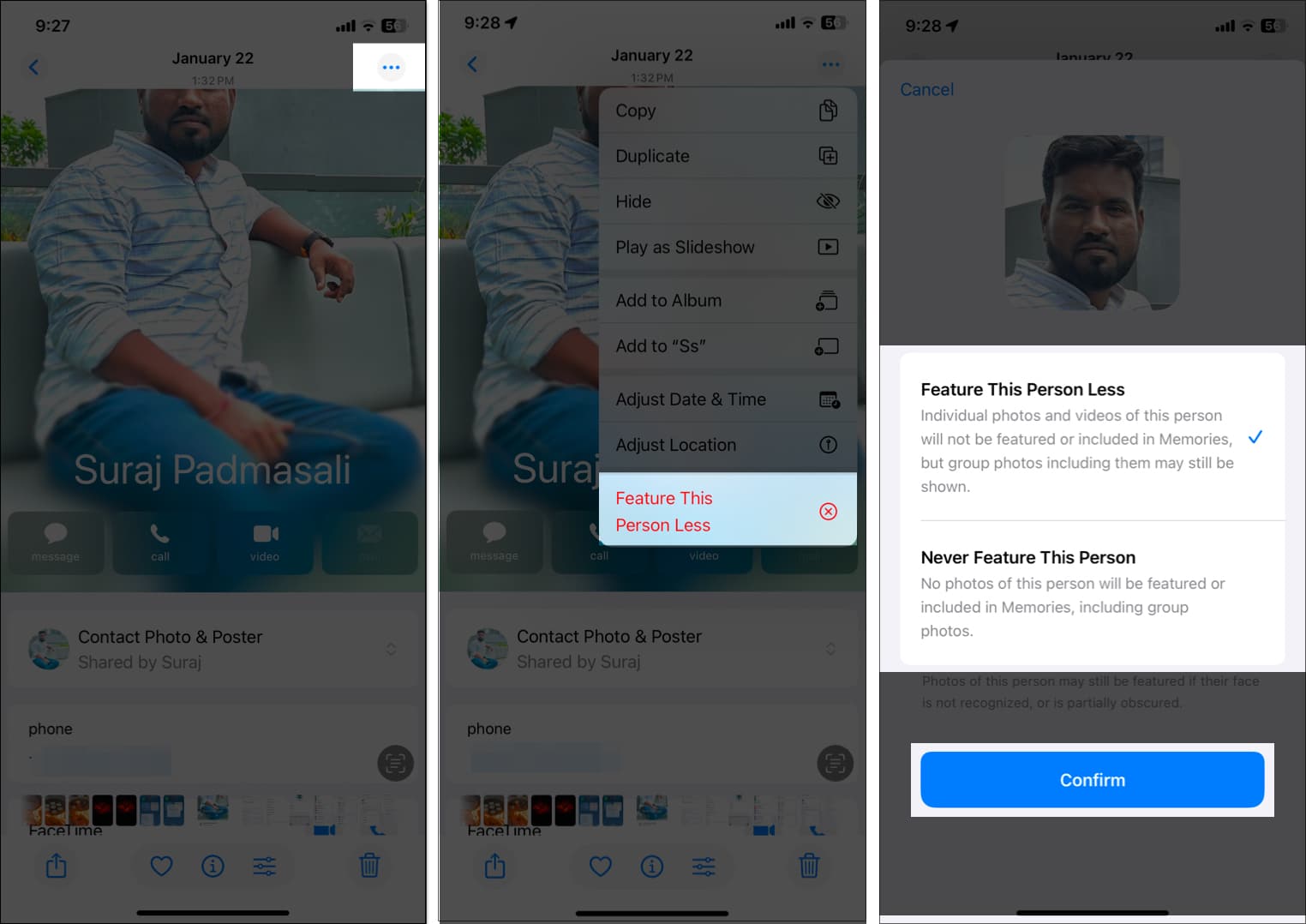 Tap on three dot icon and select Feature This Person Less from drop down.