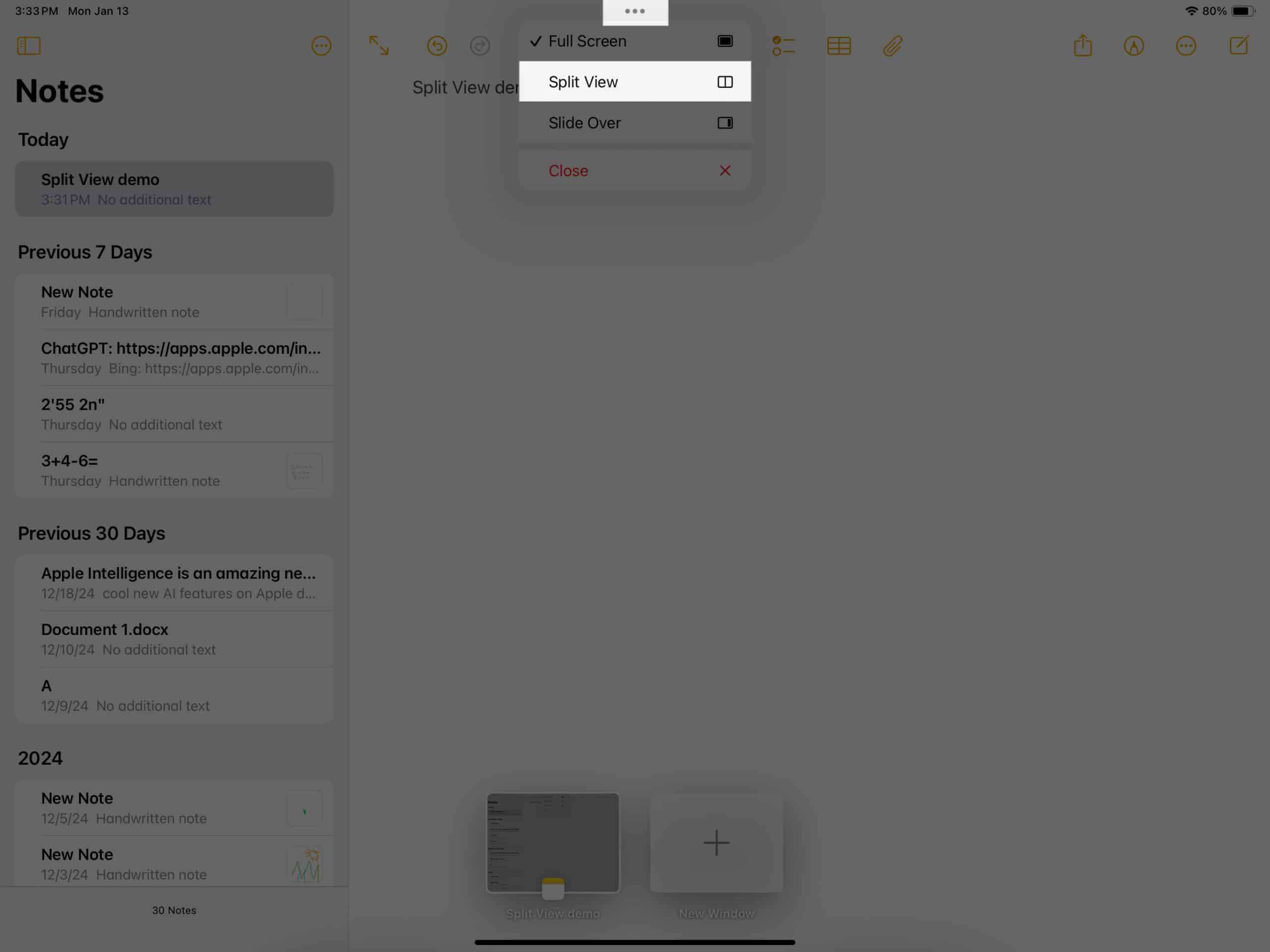 Choosing the Split View option in the three-dot menu on an iPad.