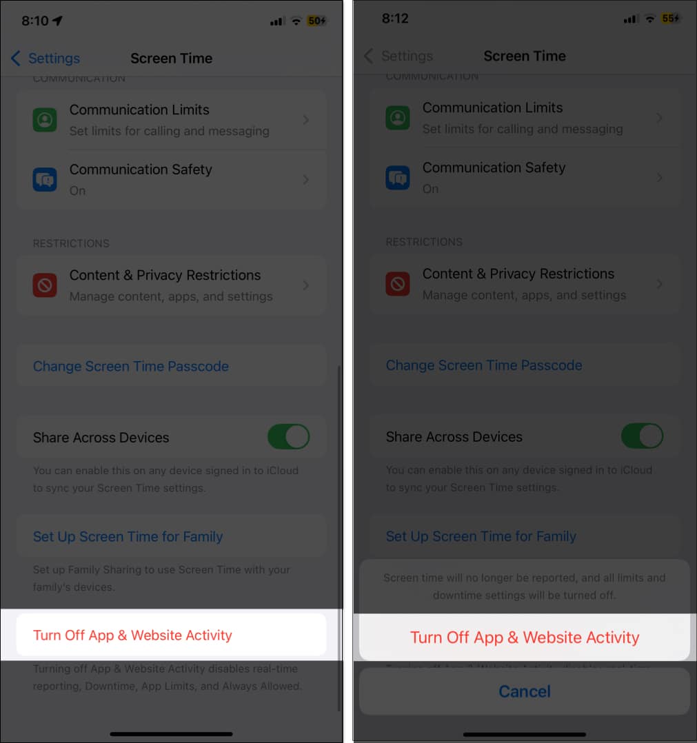 Tap on Turn off App & Website Activity to disable Screen Time on iPhone.