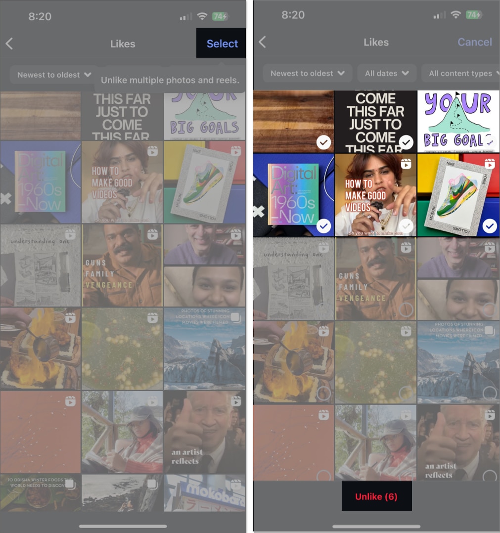 Selecting liked items to unlike in Instagram on an iPhone.