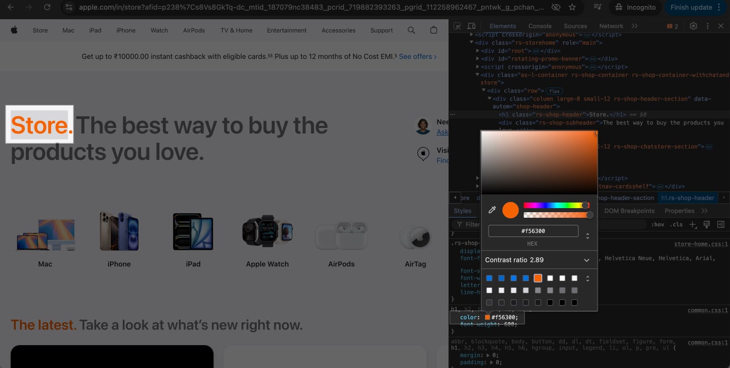 Temporarily changing text color of text on a webpage in Chrome on a Mac.