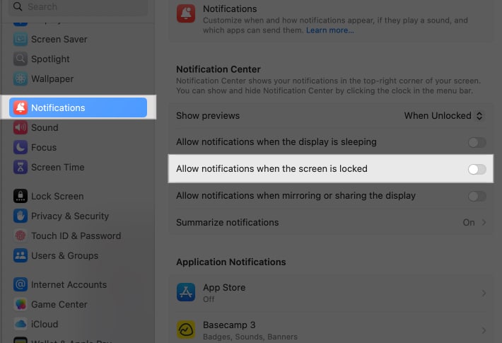 Toggling off Allow notifications when the screen is locked in notifications settings.