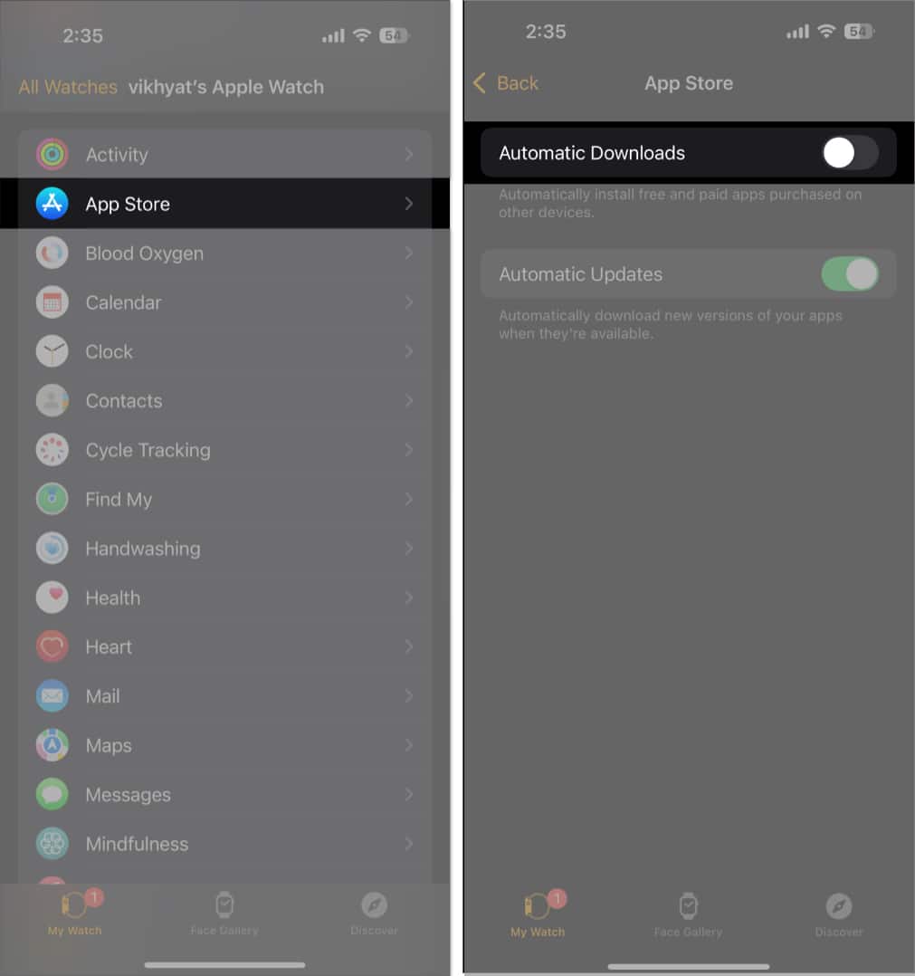 Turning off Automatic Downloads in the Watch app on an iPhone.