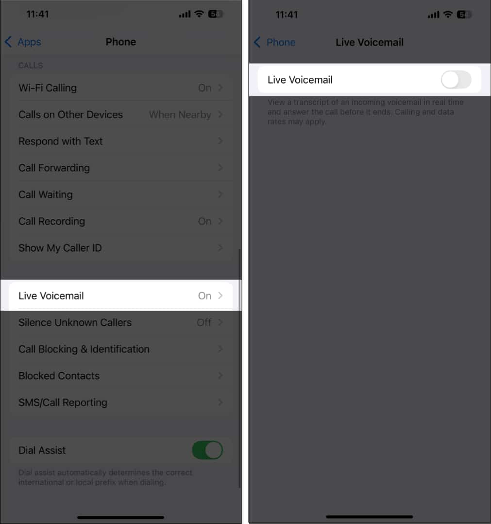 Toggling off the Live Voicemail option on an iPhone.