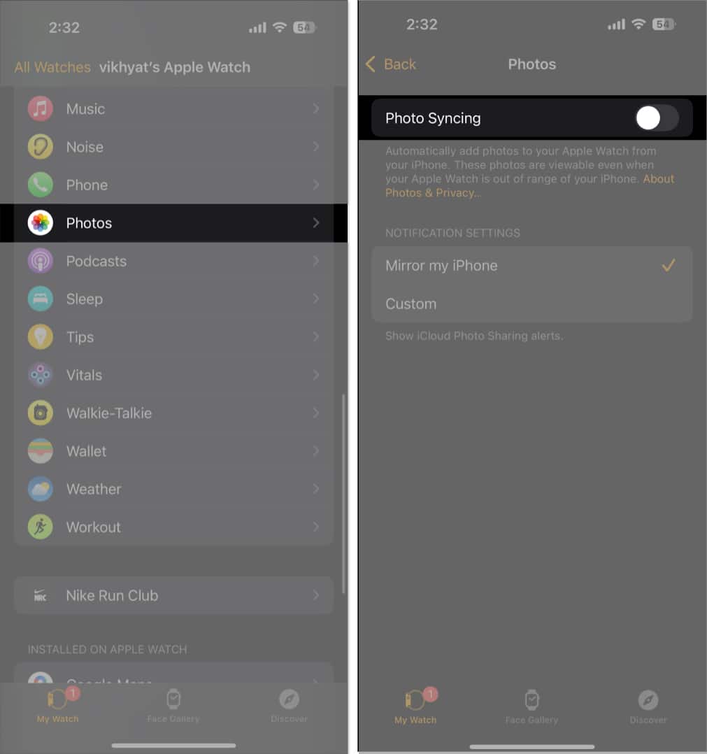 Toggling off the Photo Syncing option on the Watch app on an iPhone.