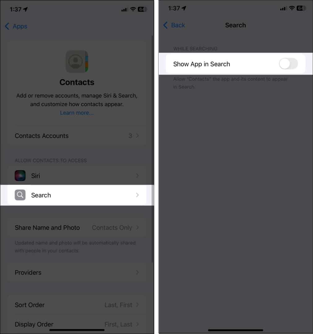 Toggling off Show app in Search option.