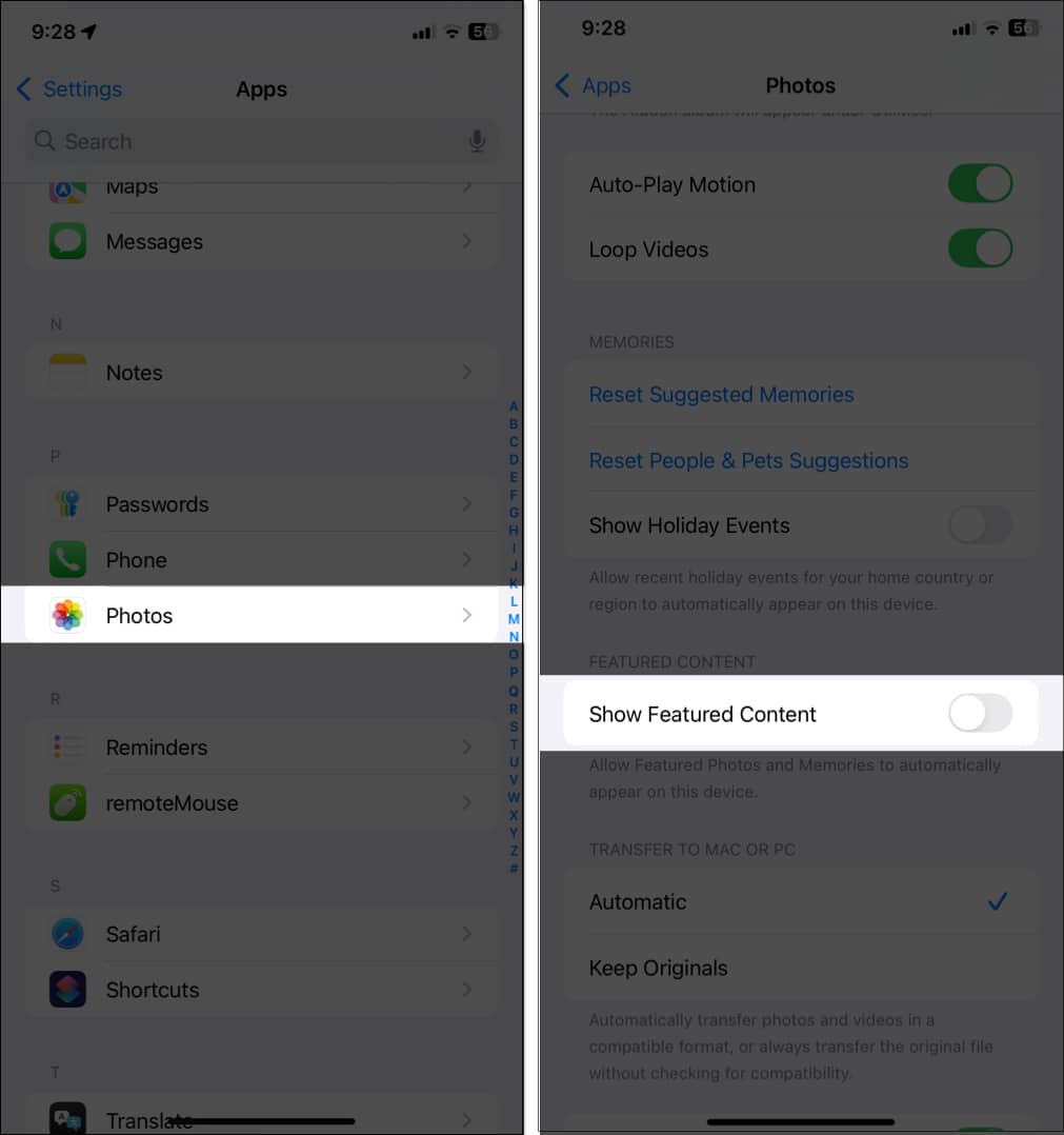 Toggling off Show Featured Content from settings app on iPhone.