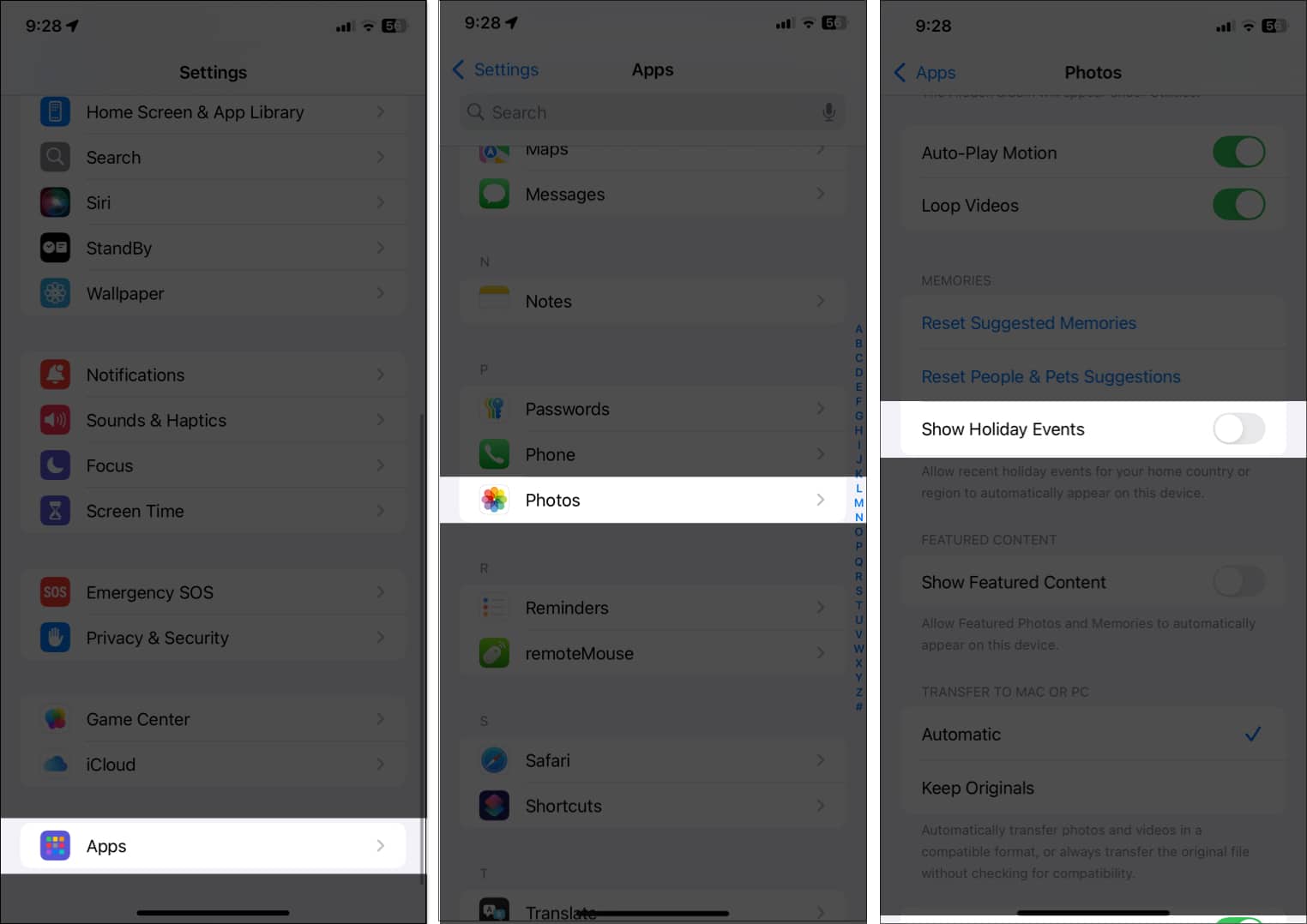 Toggling off Show Holiday Events in Photos from iPhone settings app.