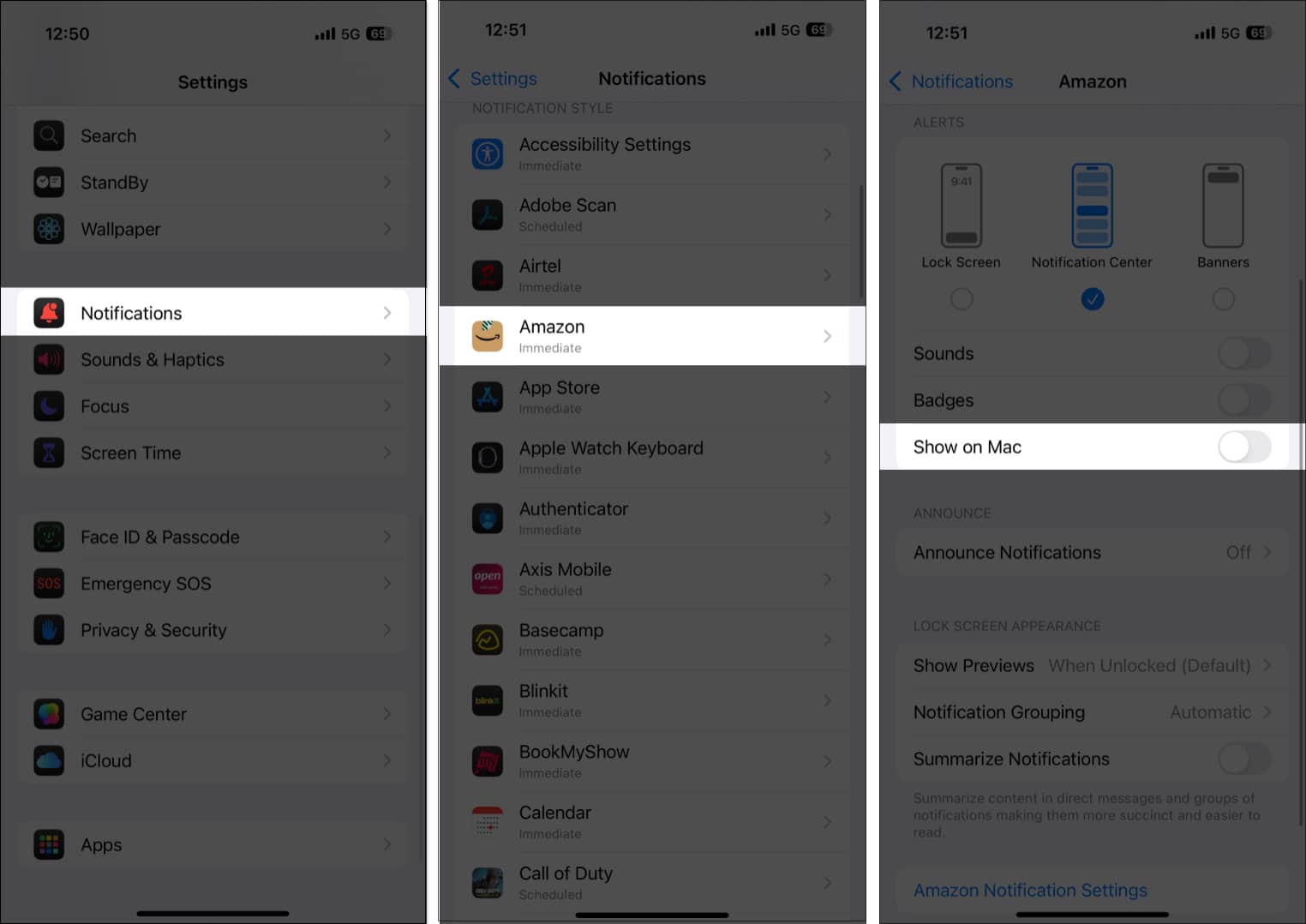 Toggling off the Show on Mac option on the Notifications page in the Settings app on an iPhone.