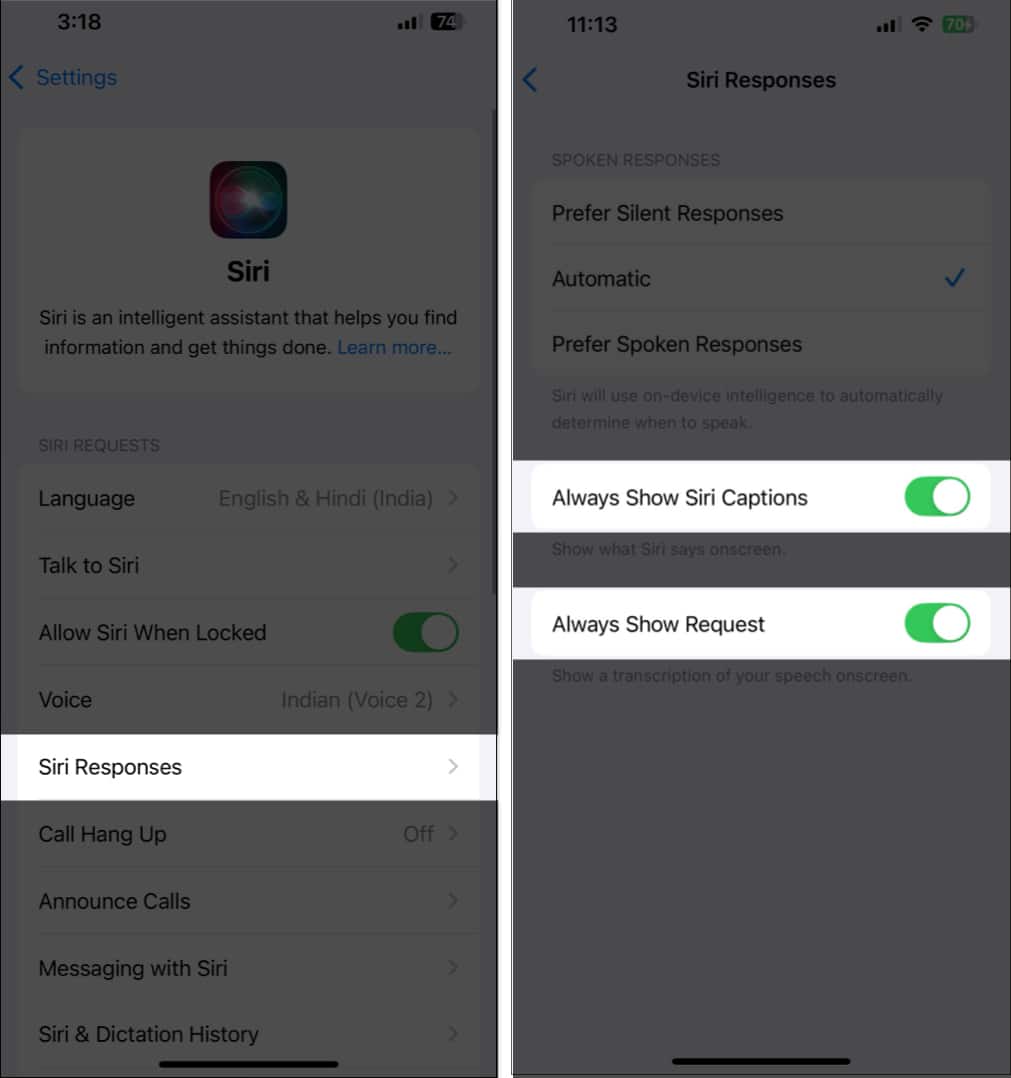 Toggling on Always Show Siri Captions and Always Show Request options under Siri Responses.