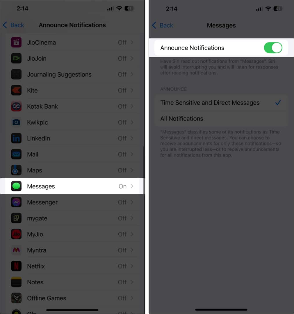 Toggling on Announce Notification for Messages app in iOS settings app.