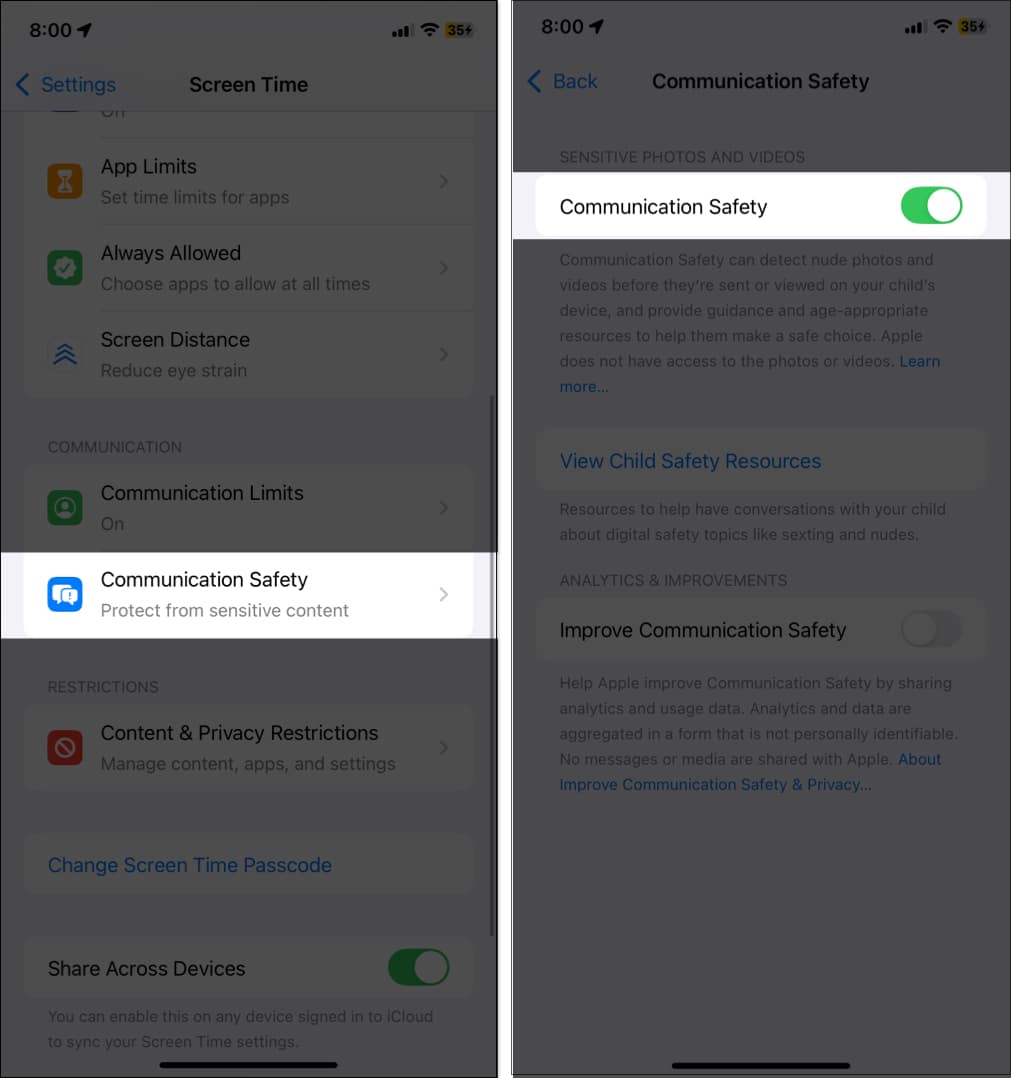 Toggling on Communication Safety on iPhone.