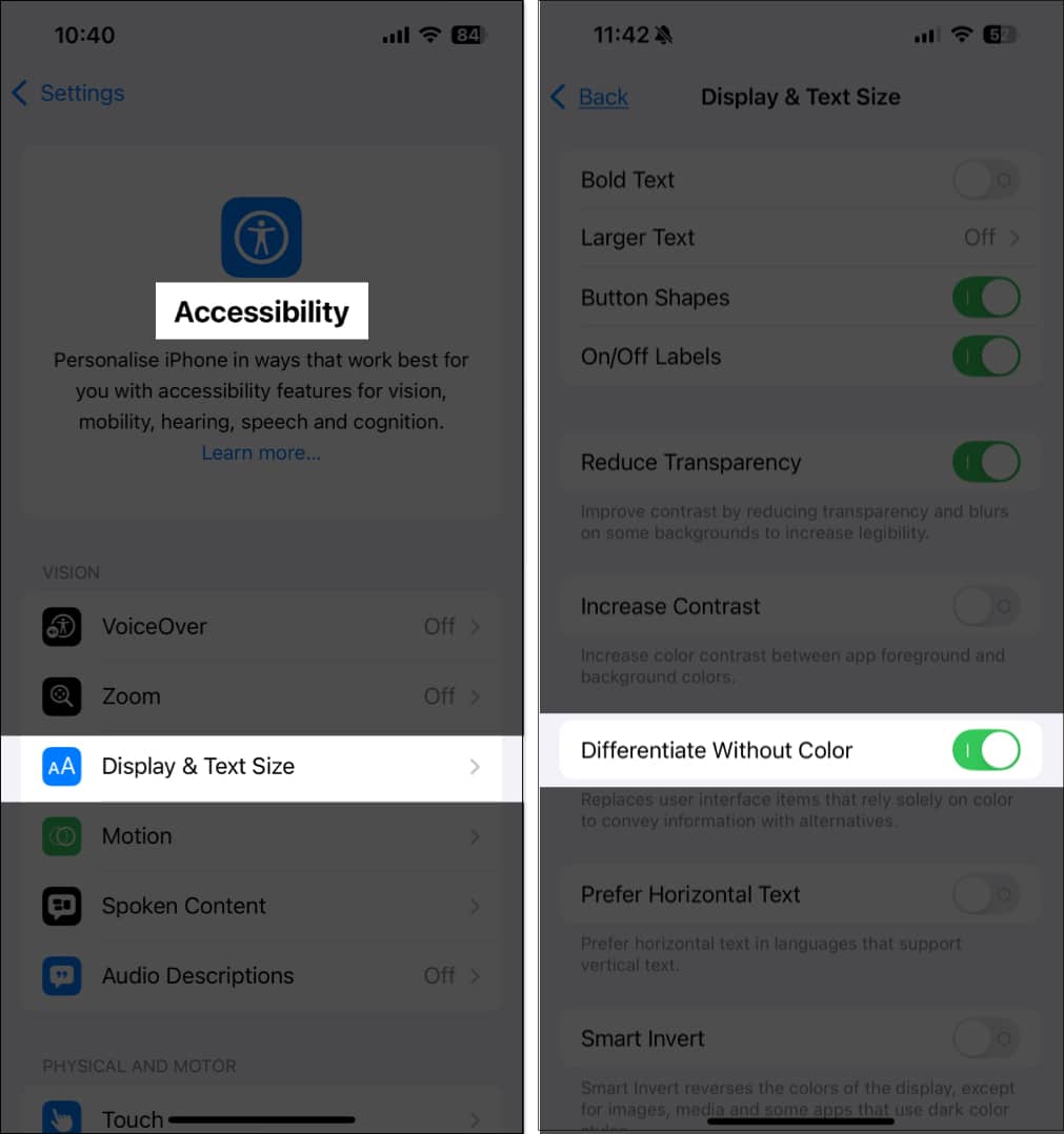 Toggling on the Differentiate Without Color option in iPhone Settings app.